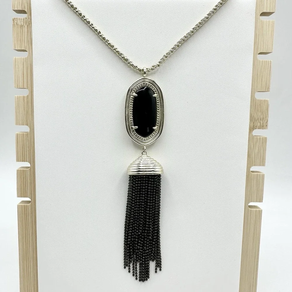 Kendra Scott Rayne Necklace Black Tassel Pendant Long Goldtone Chain